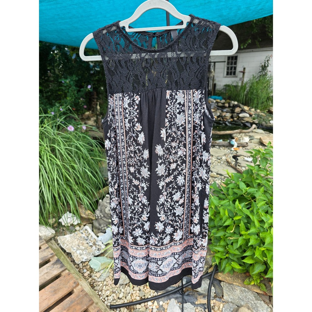 Estam Womens Boho Floral Border‎ Print Sleeveless Tunic Top Black Lace Yoke L